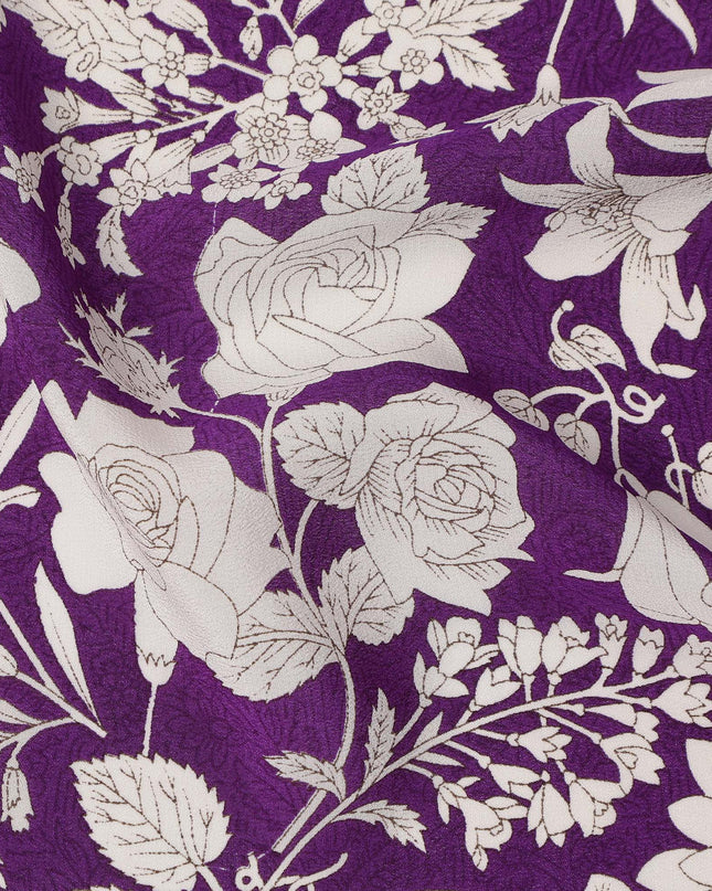 Royal Purple White Floral Line Art Print Premium Silk Crepe Fabric, 110 Cms, India-D26881