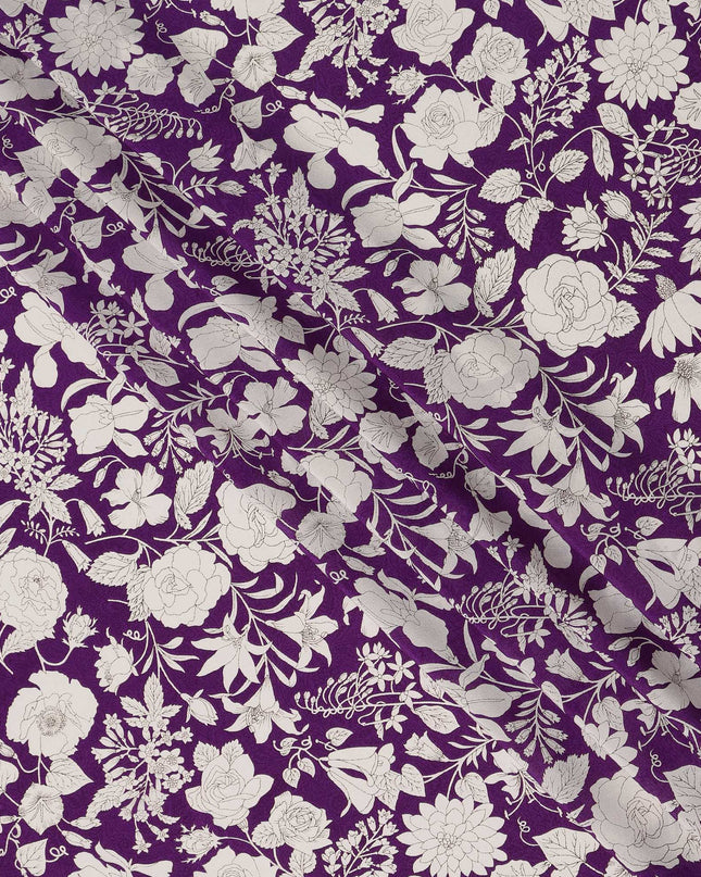 Royal Purple White Floral Line Art Print Premium Silk Crepe Fabric, 110 Cms, India-D26881