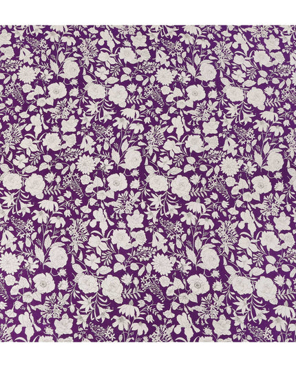 Royal Purple White Floral Line Art Print Premium Silk Crepe Fabric, 110 Cms, India-D26881