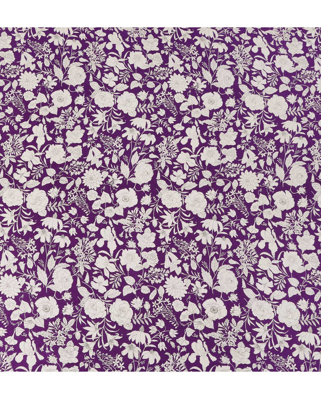 Royal Purple White Floral Line Art Print Premium Silk Crepe Fabric, 110 Cms, India-D26881