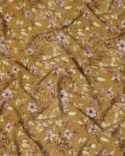 Mustard Yellow Floral Botanical Print Premium Silk Crepe Fabric, 110 Cms, India-D26866