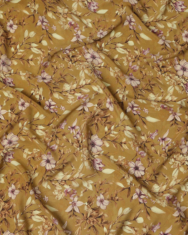 Mustard Yellow Floral Botanical Print Premium Silk Crepe Fabric, 110 Cms, India-D26866