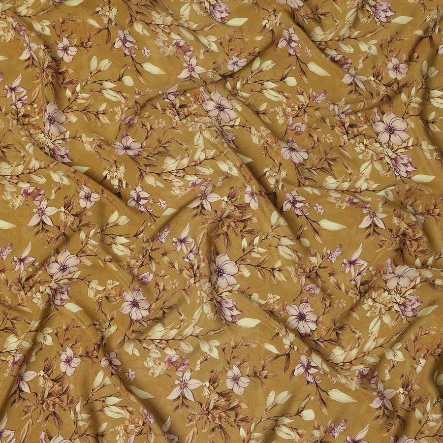 Mustard Yellow Floral Botanical Print Premium Silk Crepe Fabric, 110 Cms, India-D26866