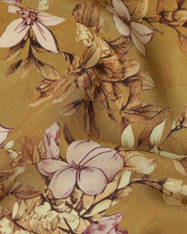 Mustard Yellow Floral Botanical Print Premium Silk Crepe Fabric, 110 Cms, India-D26866