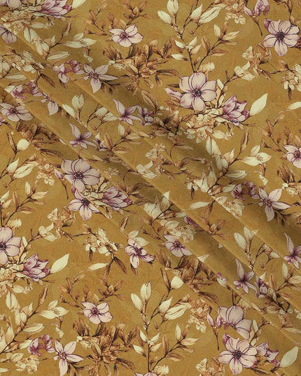 Mustard Yellow Floral Botanical Print Premium Silk Crepe Fabric, 110 Cms, India-D26866