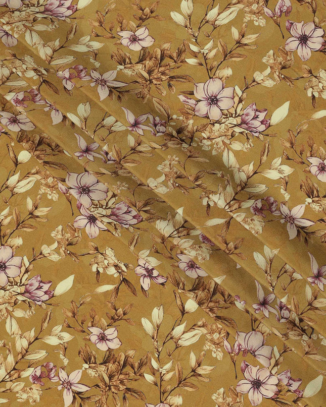 Mustard Yellow Floral Botanical Print Premium Silk Crepe Fabric, 110 Cms, India-D26866