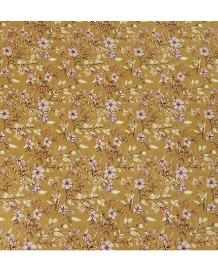 Mustard Yellow Floral Botanical Print Premium Silk Crepe Fabric, 110 Cms, India-D26866