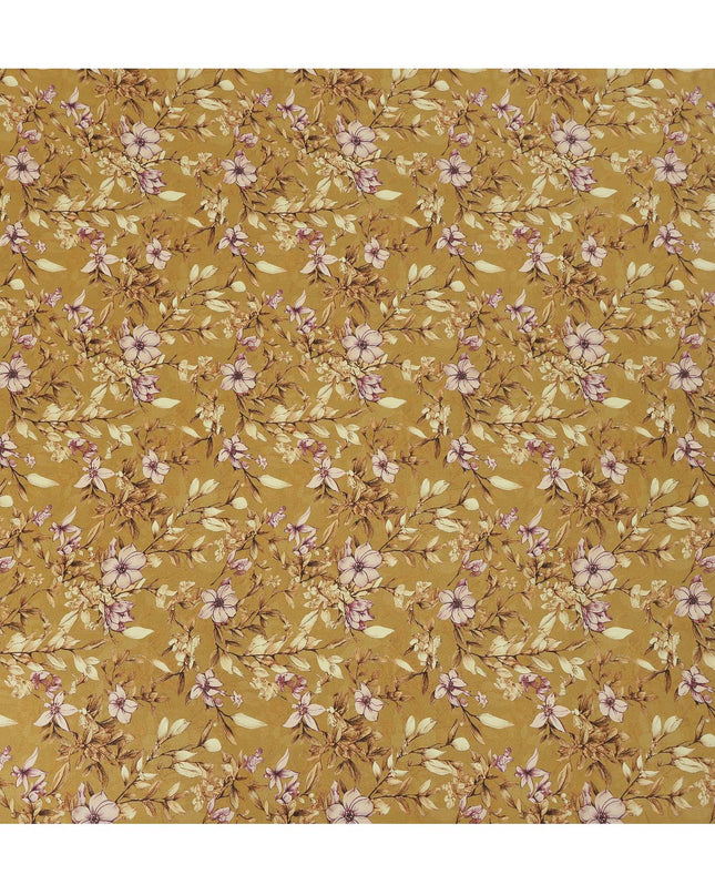 Mustard Yellow Floral Botanical Print Premium Silk Crepe Fabric, 110 Cms, India-D26866