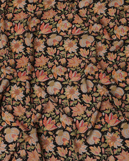 Black Multicolor Intricate Floral Allover Print Premium Silk Crepe Fabric, 110 Cms, India-D26886