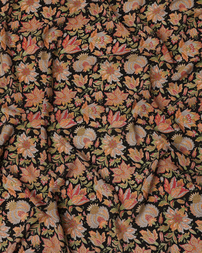 Black Multicolor Intricate Floral Allover Print Premium Silk Crepe Fabric, 110 Cms, India-D26886
