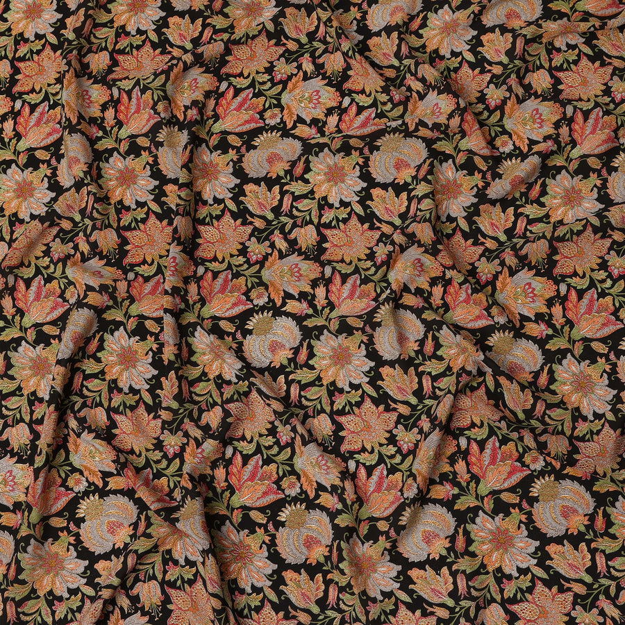 Black Multicolor Intricate Floral Allover Print Premium Silk Crepe Fabric, 110 Cms, India-D26886