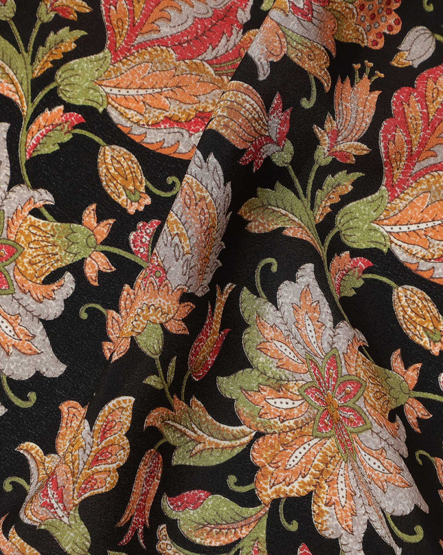 Black Multicolor Intricate Floral Allover Print Premium Silk Crepe Fabric, 110 Cms, India-D26886
