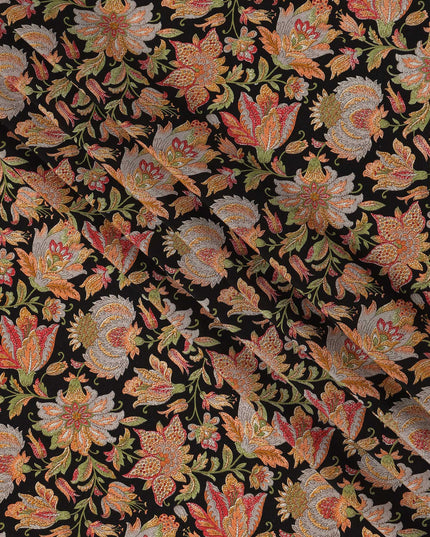 Black Multicolor Intricate Floral Allover Print Premium Silk Crepe Fabric, 110 Cms, India-D26886