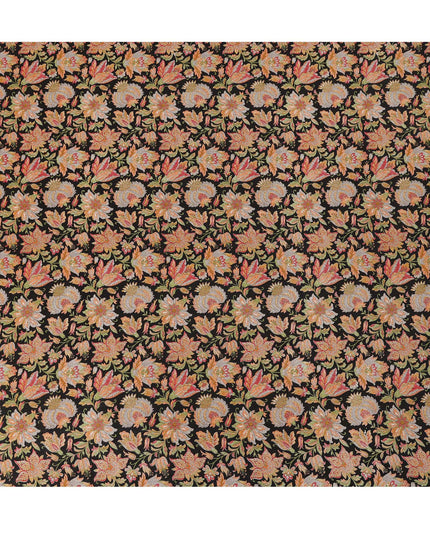 Black Multicolor Intricate Floral Allover Print Premium Silk Crepe Fabric, 110 Cms, India-D26886