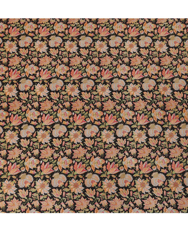 Black Multicolor Intricate Floral Allover Print Premium Silk Crepe Fabric, 110 Cms, India-D26886