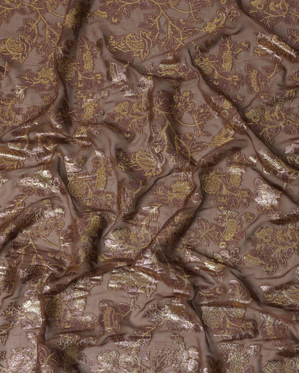 Mocha Brown Floral Patterned Silk Chiffon Fabric with Metallic Lurex, 110 Cms Width, Made in South Korea-D26354