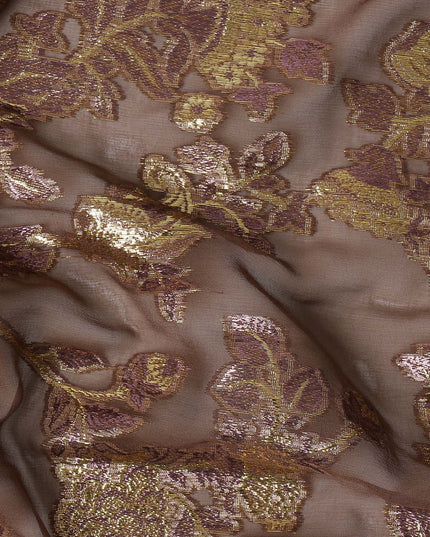 Mocha Brown Floral Patterned Silk Chiffon Fabric with Metallic Lurex, 110 Cms Width, Made in South Korea-D26354
