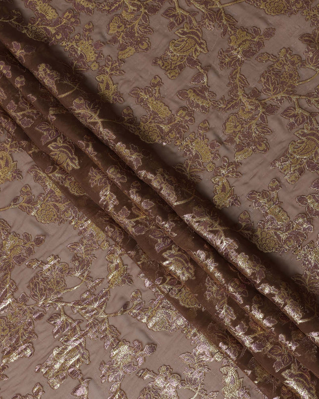 Mocha Brown Floral Patterned Silk Chiffon Fabric with Metallic Lurex, 110 Cms Width, Made in South Korea-D26354