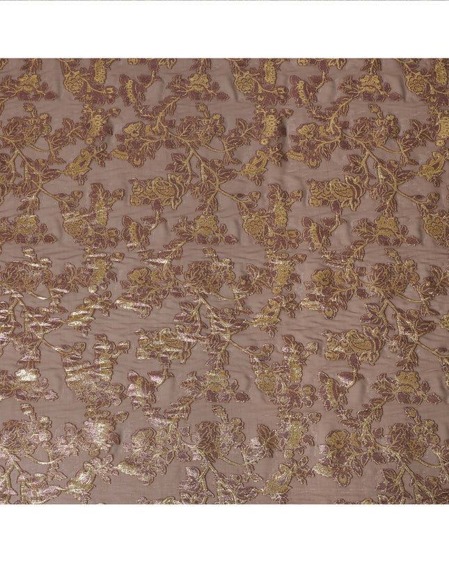 Mocha Brown Floral Patterned Silk Chiffon Fabric with Metallic Lurex, 110 Cms Width, Made in South Korea-D26354