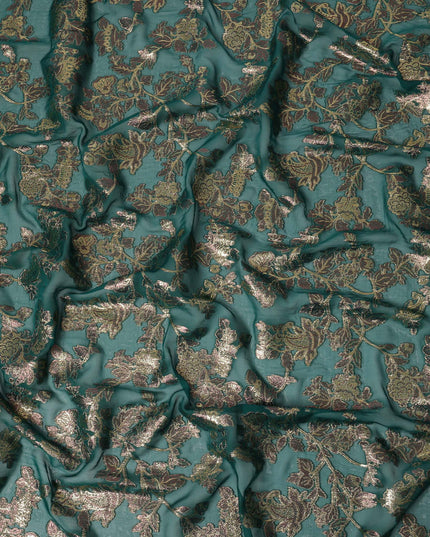 Teal Green Floral Patterned Silk Chiffon Fabric with Metallic Lurex, 110 Cms Width, Made in South Korea-D26350