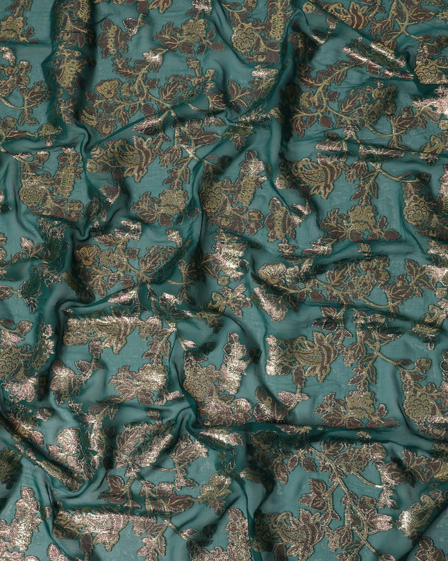 Teal Green Floral Patterned Silk Chiffon Fabric with Metallic Lurex, 110 Cms Width, Made in South Korea-D26350