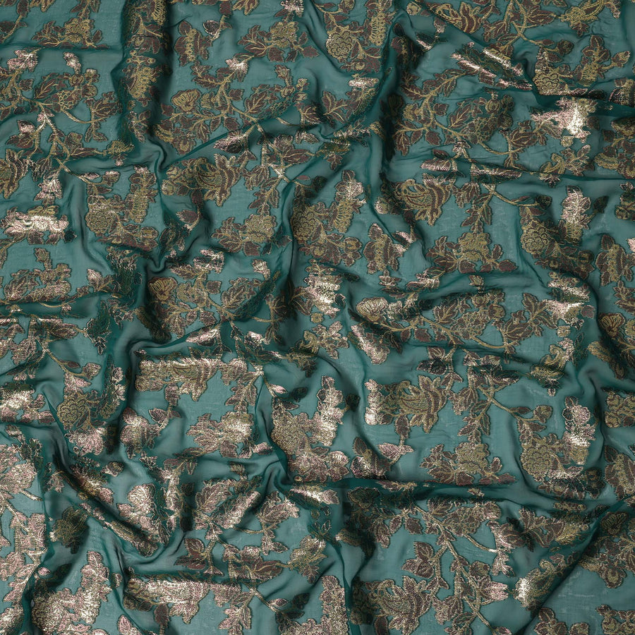 Teal Green Floral Patterned Silk Chiffon Fabric with Metallic Lurex, 110 Cms Width, Made in South Korea-D26350