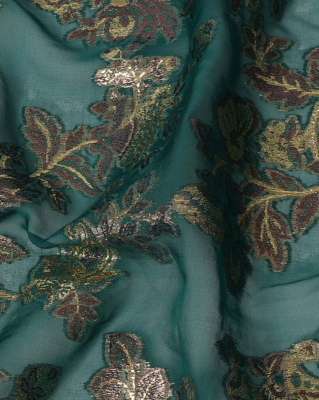 Teal Green Floral Patterned Silk Chiffon Fabric with Metallic Lurex, 110 Cms Width, Made in South Korea-D26350