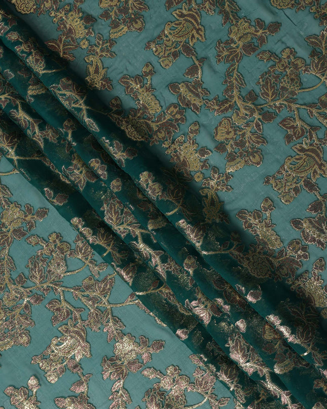 Teal Green Floral Patterned Silk Chiffon Fabric with Metallic Lurex, 110 Cms Width, Made in South Korea-D26350
