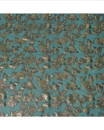 Teal Green Floral Patterned Silk Chiffon Fabric with Metallic Lurex, 110 Cms Width, Made in South Korea-D26350