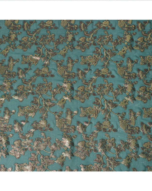Teal Green Floral Patterned Silk Chiffon Fabric with Metallic Lurex, 110 Cms Width, Made in South Korea-D26350