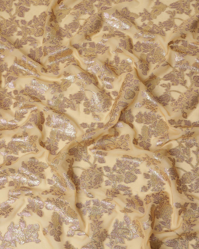 Champagne Beige Floral Patterned Silk Chiffon Fabric with Metallic Lurex, 110 Cms Width, Made in South Korea-D26353