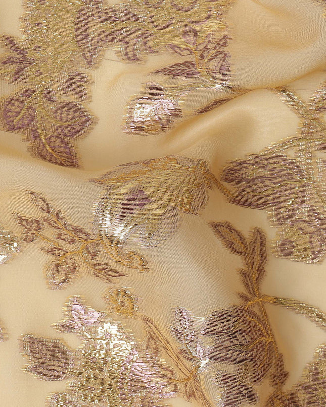 Champagne Beige Floral Patterned Silk Chiffon Fabric with Metallic Lurex, 110 Cms Width, Made in South Korea-D26353