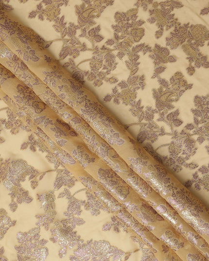 Champagne Beige Floral Patterned Silk Chiffon Fabric with Metallic Lurex, 110 Cms Width, Made in South Korea-D26353