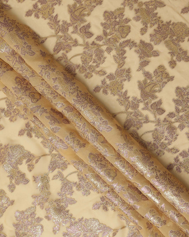 Champagne Beige Floral Patterned Silk Chiffon Fabric with Metallic Lurex, 110 Cms Width, Made in South Korea-D26353