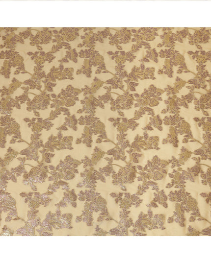 Champagne Beige Floral Patterned Silk Chiffon Fabric with Metallic Lurex, 110 Cms Width, Made in South Korea-D26353
