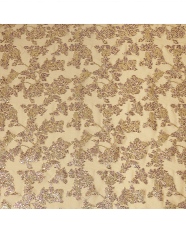 Champagne Beige Floral Patterned Silk Chiffon Fabric with Metallic Lurex, 110 Cms Width, Made in South Korea-D26353