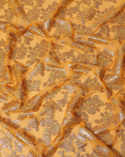 Golden Yellow Floral Patterned Silk Chiffon Fabric with Metallic Lurex, 110 Cms Width, Made in South Korea-D26351