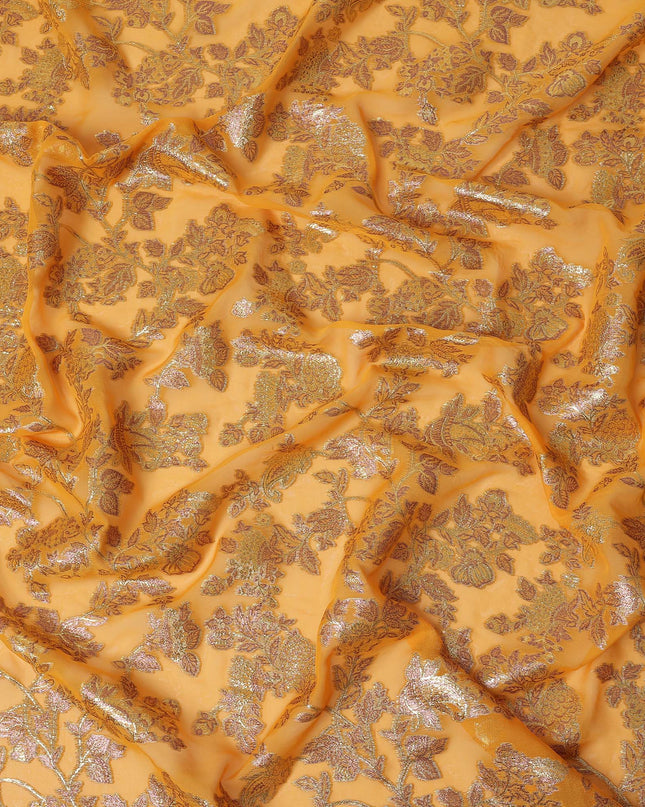 Golden Yellow Floral Patterned Silk Chiffon Fabric with Metallic Lurex, 110 Cms Width, Made in South Korea-D26351