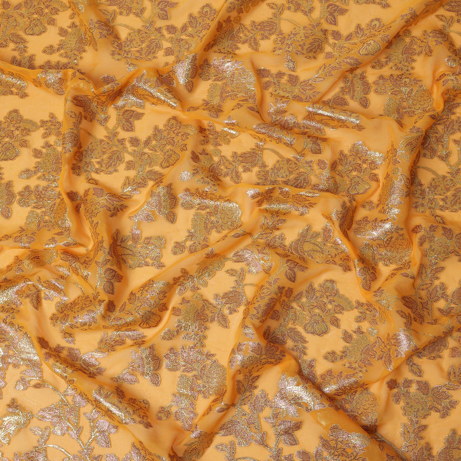 Golden Yellow Floral Patterned Silk Chiffon Fabric with Metallic Lurex, 110 Cms Width, Made in South Korea-D26351