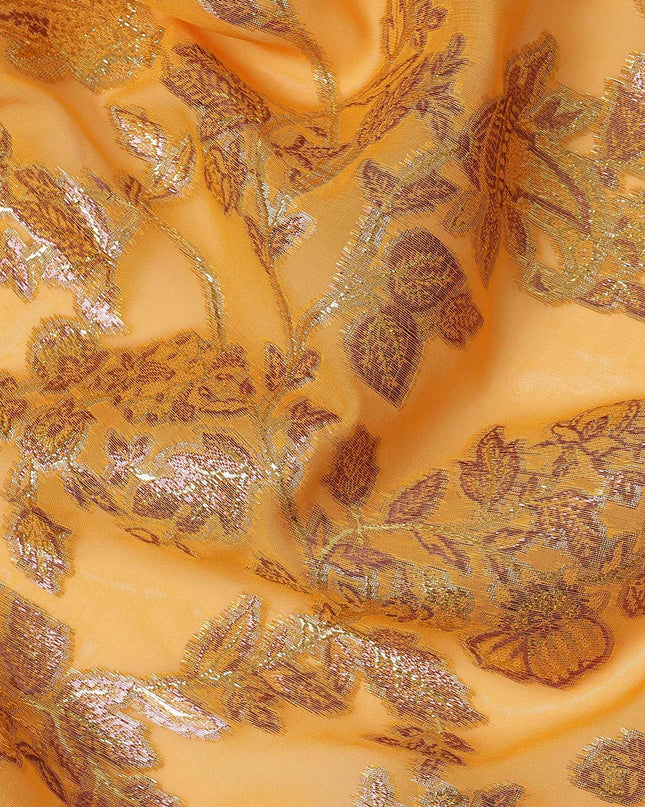 Golden Yellow Floral Patterned Silk Chiffon Fabric with Metallic Lurex, 110 Cms Width, Made in South Korea-D26351
