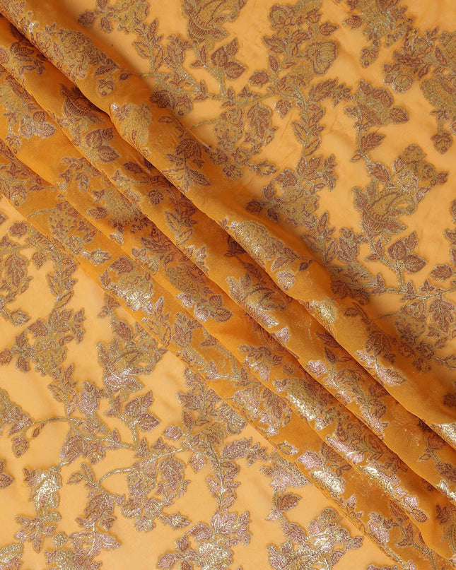 Golden Yellow Floral Patterned Silk Chiffon Fabric with Metallic Lurex, 110 Cms Width, Made in South Korea-D26351