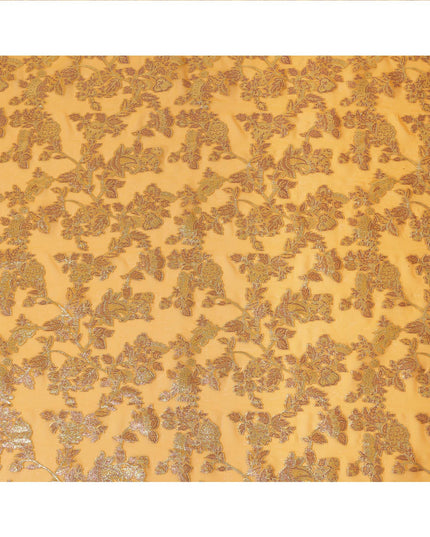 Golden Yellow Floral Patterned Silk Chiffon Fabric with Metallic Lurex, 110 Cms Width, Made in South Korea-D26351