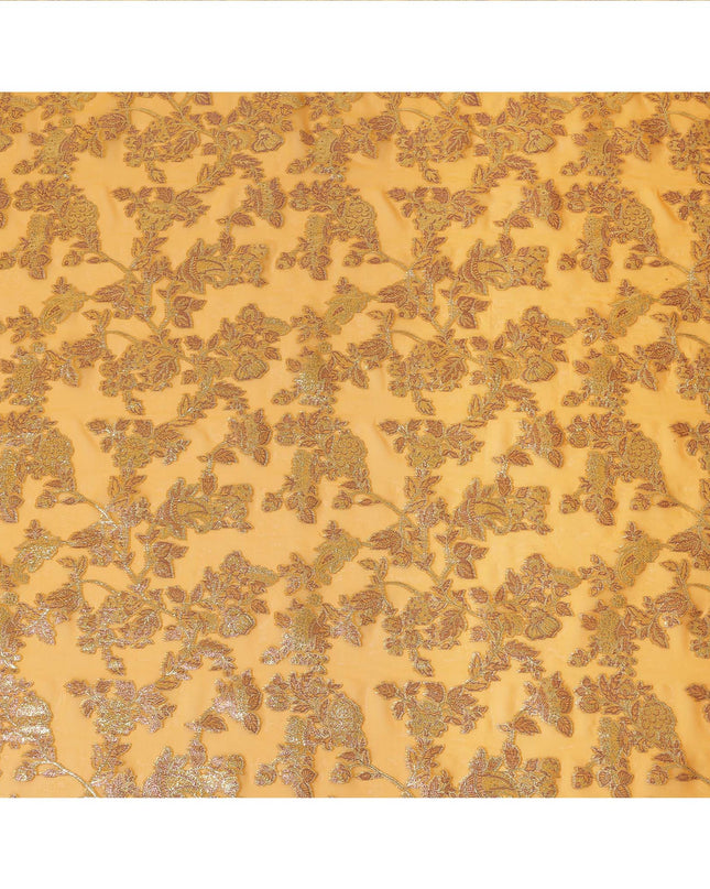 Golden Yellow Floral Patterned Silk Chiffon Fabric with Metallic Lurex, 110 Cms Width, Made in South Korea-D26351