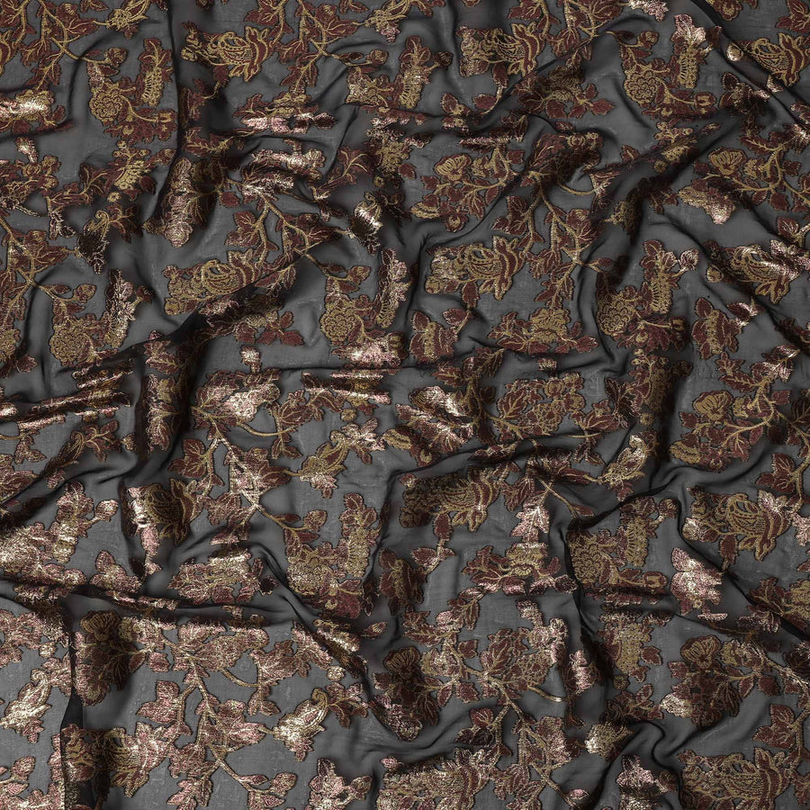 Charcoal Grey Floral Patterned Silk Chiffon Fabric with Metallic Lurex, 110 Cms Width, Made in South Korea-D26355