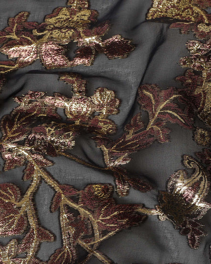 Charcoal Grey Floral Patterned Silk Chiffon Fabric with Metallic Lurex, 110 Cms Width, Made in South Korea-D26355