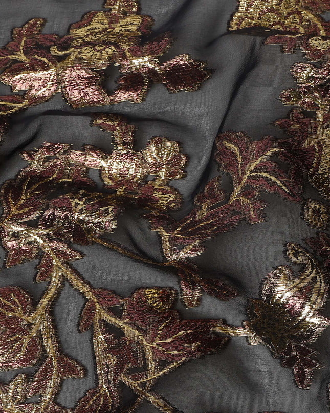 Charcoal Grey Floral Patterned Silk Chiffon Fabric with Metallic Lurex, 110 Cms Width, Made in South Korea-D26355