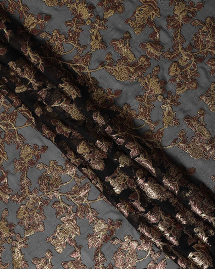 Charcoal Grey Floral Patterned Silk Chiffon Fabric with Metallic Lurex, 110 Cms Width, Made in South Korea-D26355