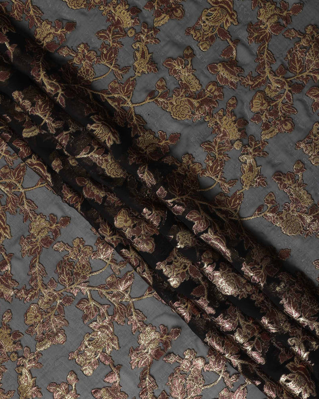 Charcoal Grey Floral Patterned Silk Chiffon Fabric with Metallic Lurex, 110 Cms Width, Made in South Korea-D26355