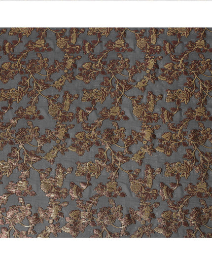 Charcoal Grey Floral Patterned Silk Chiffon Fabric with Metallic Lurex, 110 Cms Width, Made in South Korea-D26355