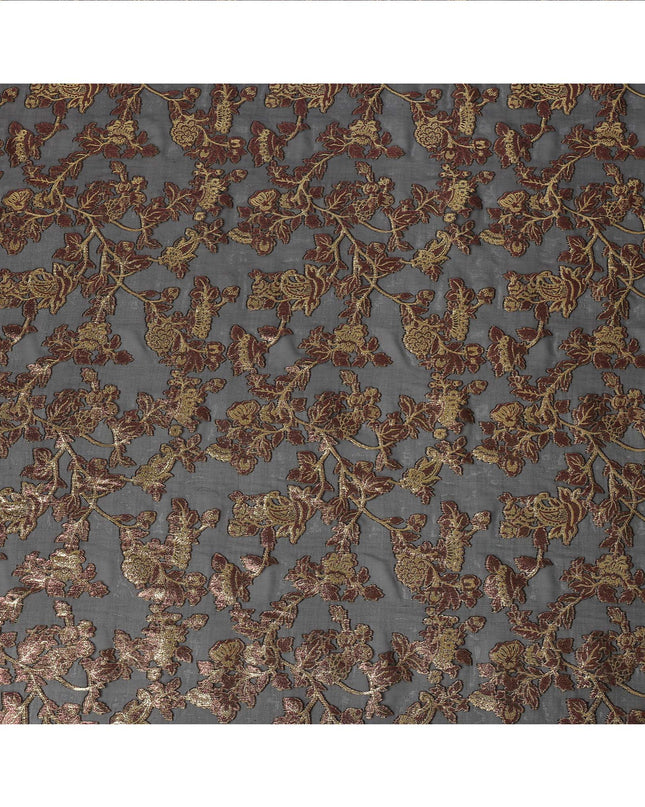 Charcoal Grey Floral Patterned Silk Chiffon Fabric with Metallic Lurex, 110 Cms Width, Made in South Korea-D26355